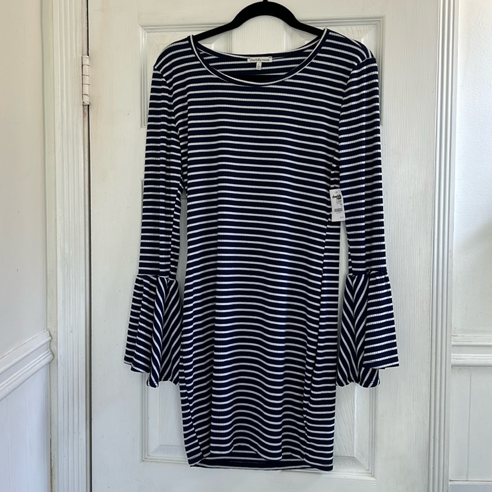 Blue and White Striped Long Sleeve Stretch Knit Dress